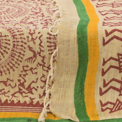 Sanskriti Vintage Cream Dupatta Long Stole Pure Cotton Hand Printed Warli Hijab