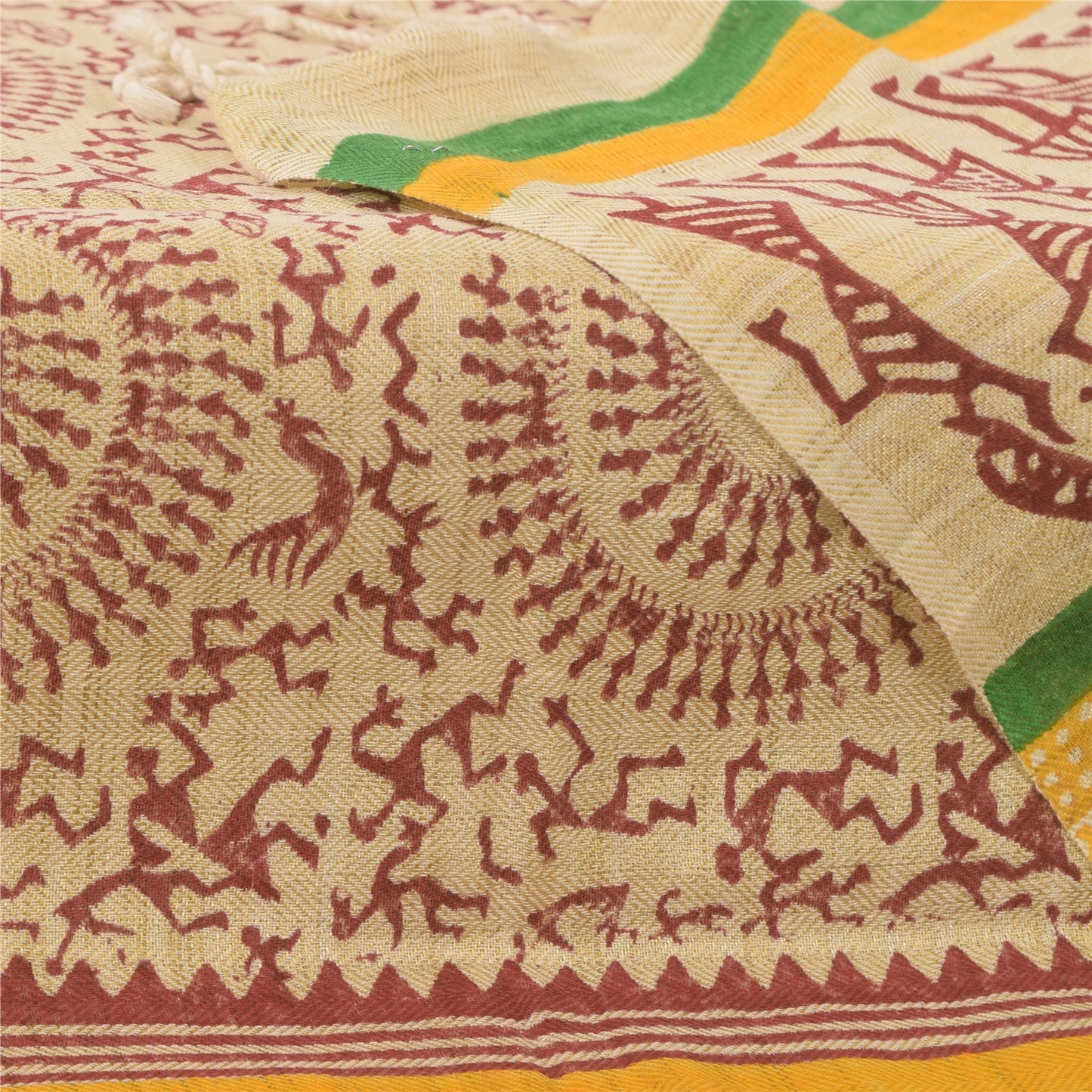Sanskriti Vintage Cream Dupatta Long Stole Pure Cotton Hand Printed Warli Hijab