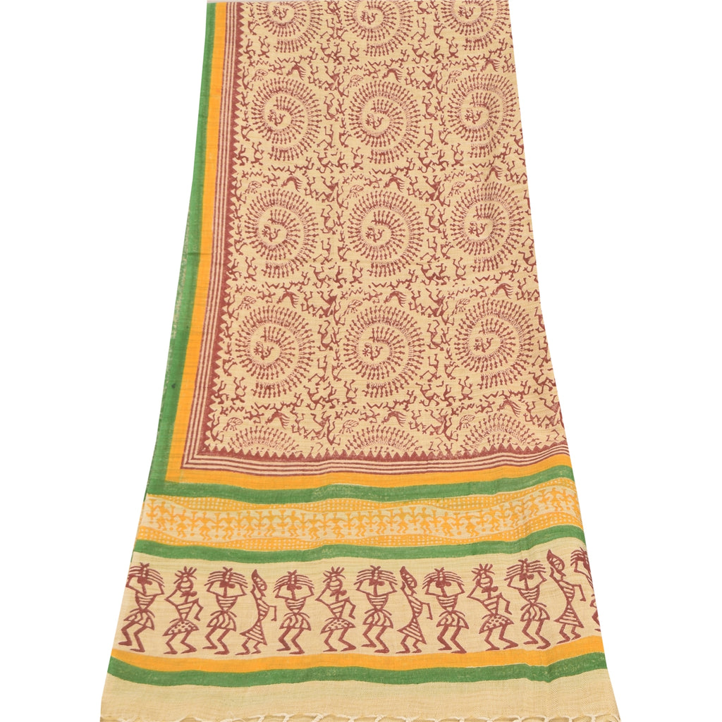 Sanskriti Vintage Cream Dupatta Long Stole Pure Cotton Hand Printed Warli Hijab