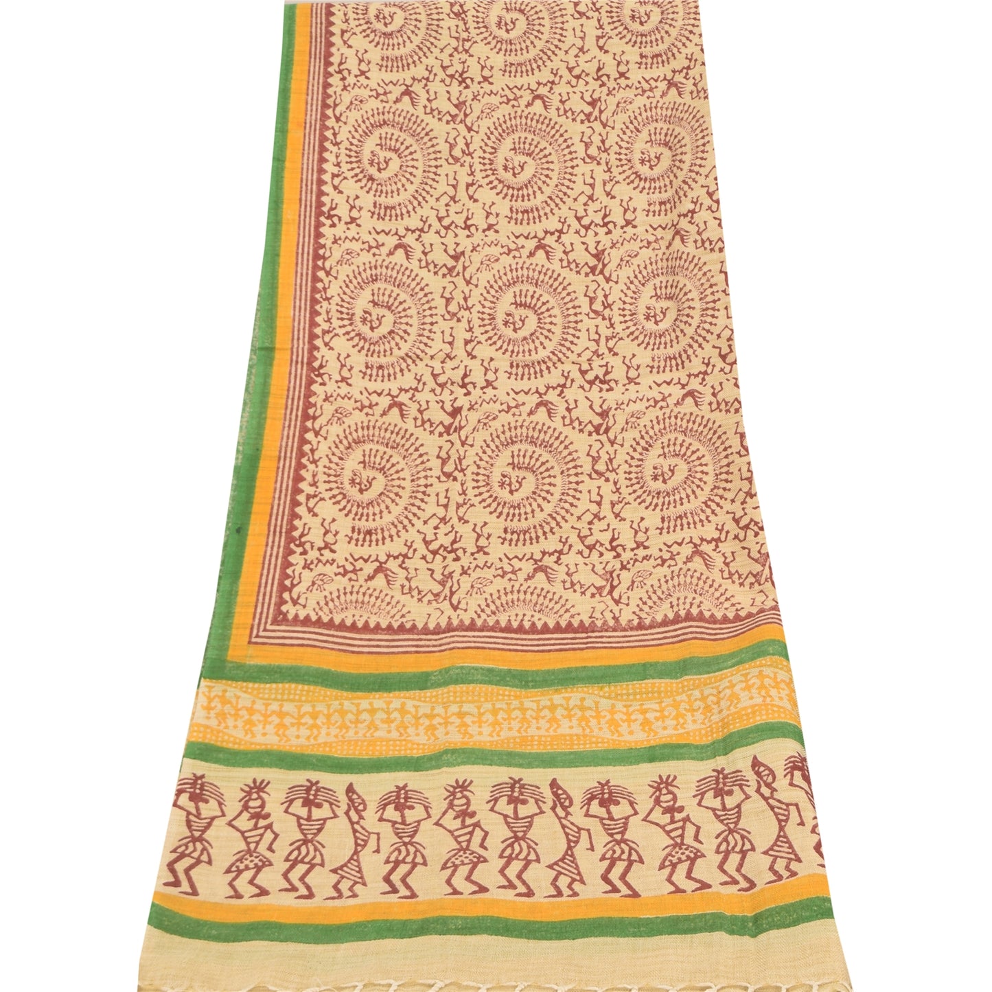 Sanskriti Vintage Cream Dupatta Long Stole Pure Cotton Hand Printed Warli Hijab