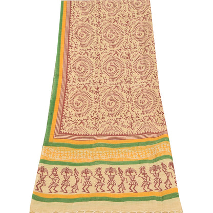 Sanskriti Vintage Cream Dupatta Long Stole Pure Cotton Hand Printed Warli Hijab