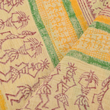 Sanskriti Vintage Cream Dupatta Long Stole Pure Cotton Hand Printed Warli Hijab