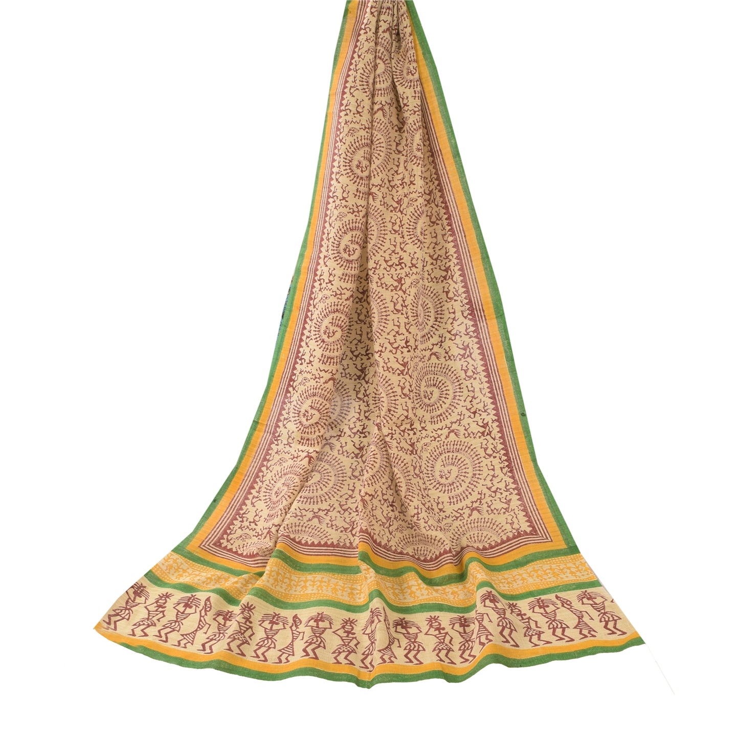 Sanskriti Vintage Cream Dupatta Long Stole Pure Cotton Hand Printed Warli Hijab