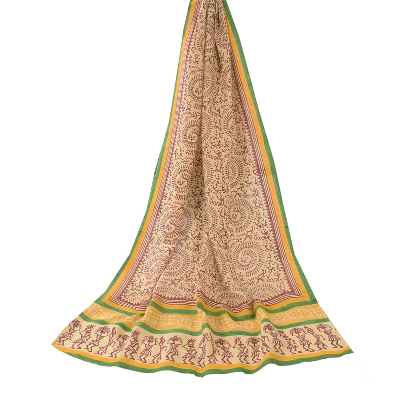 Sanskriti Vintage Cream Dupatta Long Pure Cotton Hand Printed Warli Art Tribal Human For Crafting, Upcycling, Even Wearing Hijab