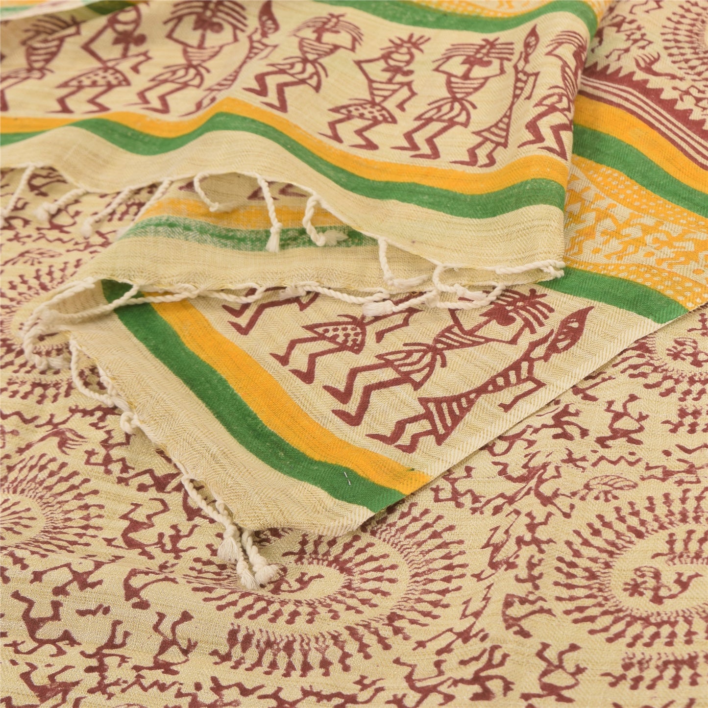 Sanskriti Vintage Cream Dupatta Long Stole Pure Cotton Hand Printed Warli Hijab
