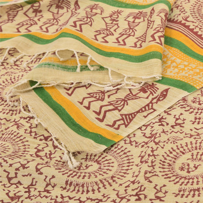 Sanskriti Vintage Cream Dupatta Long Stole Pure Cotton Hand Printed Warli Hijab
