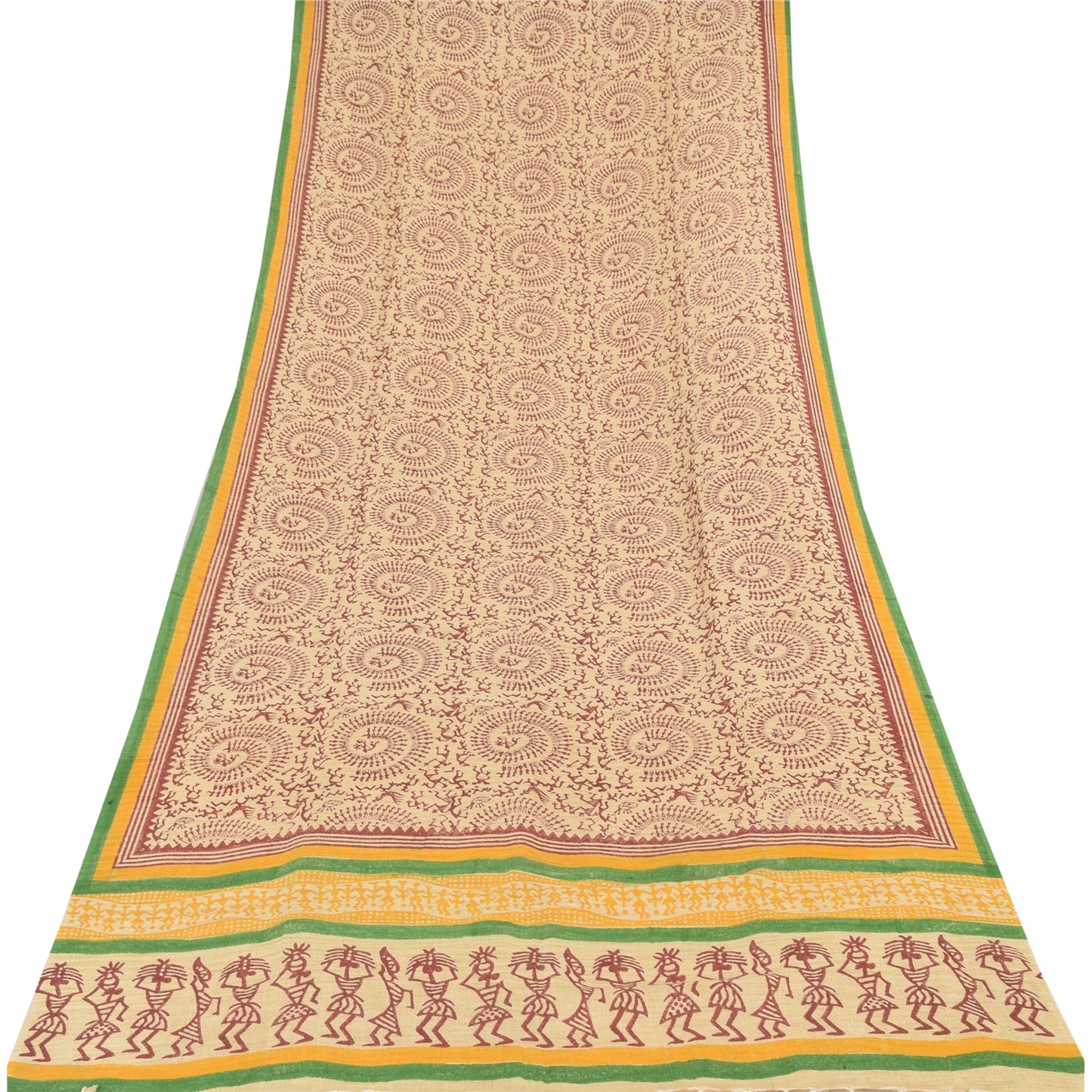 Sanskriti Vintage Cream Dupatta Long Stole Pure Cotton Hand Printed Warli Hijab
