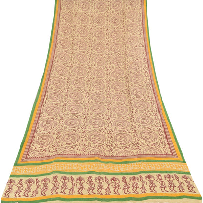 Sanskriti Vintage Cream Dupatta Long Stole Pure Cotton Hand Printed Warli Hijab