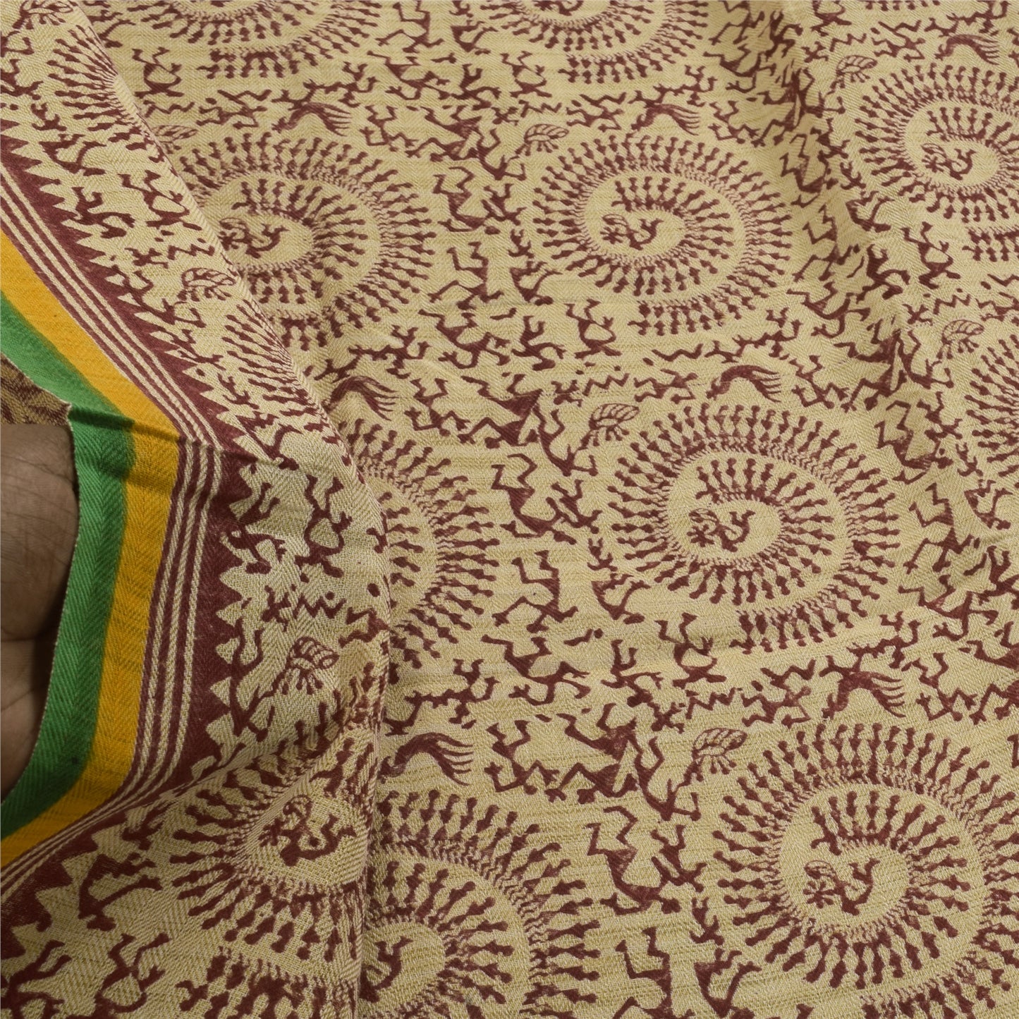 Sanskriti Vintage Cream Dupatta Long Stole Pure Cotton Hand Printed Warli Hijab