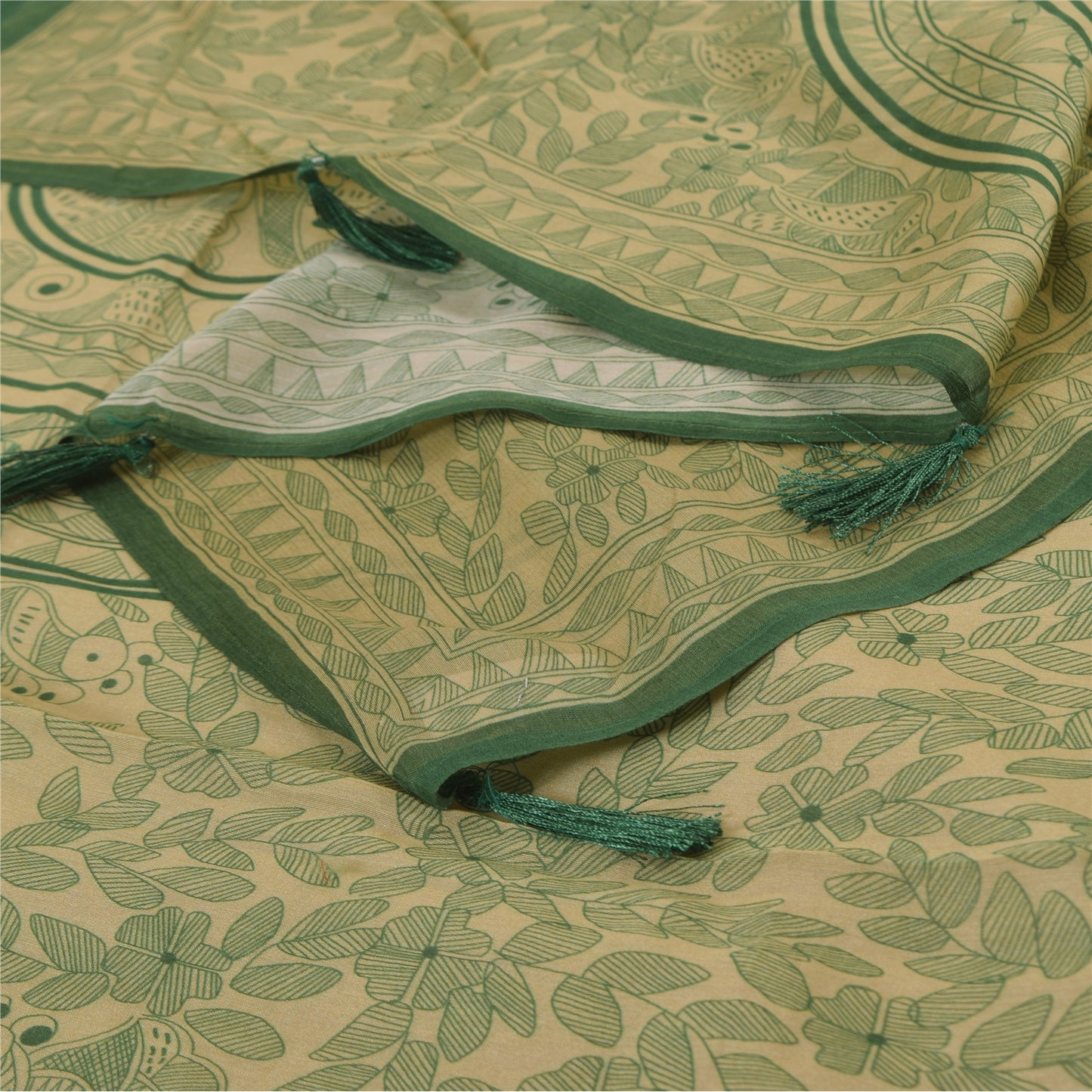 Sanskriti Vintage Long Dupatta/Stål Pure Green/Cream Kalamkari Printed Veil