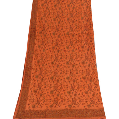 Sanskriti Vintage Long Dupatta/Stole Pure Georgette Saffron Embroidered Ari Work