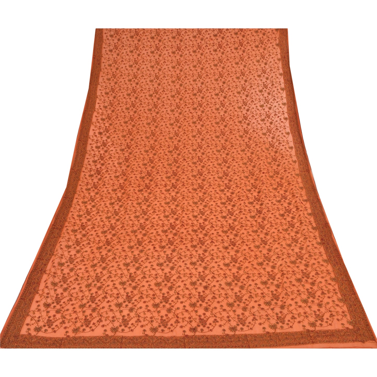 Sanskriti Vintage Long Dupatta/Stole Pure Georgette Saffron Embroidered Ari Work