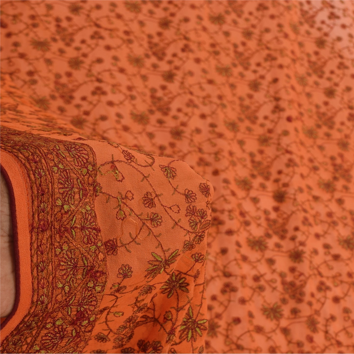 Sanskriti Vintage Long Dupatta/Stole Pure Georgette Saffron Embroidered Ari Work