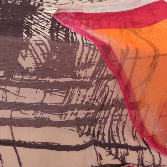 Sanskriti Vintage Ivory/Pink Dupatta Long Stole Pure Georgette Printed Wrap Veil