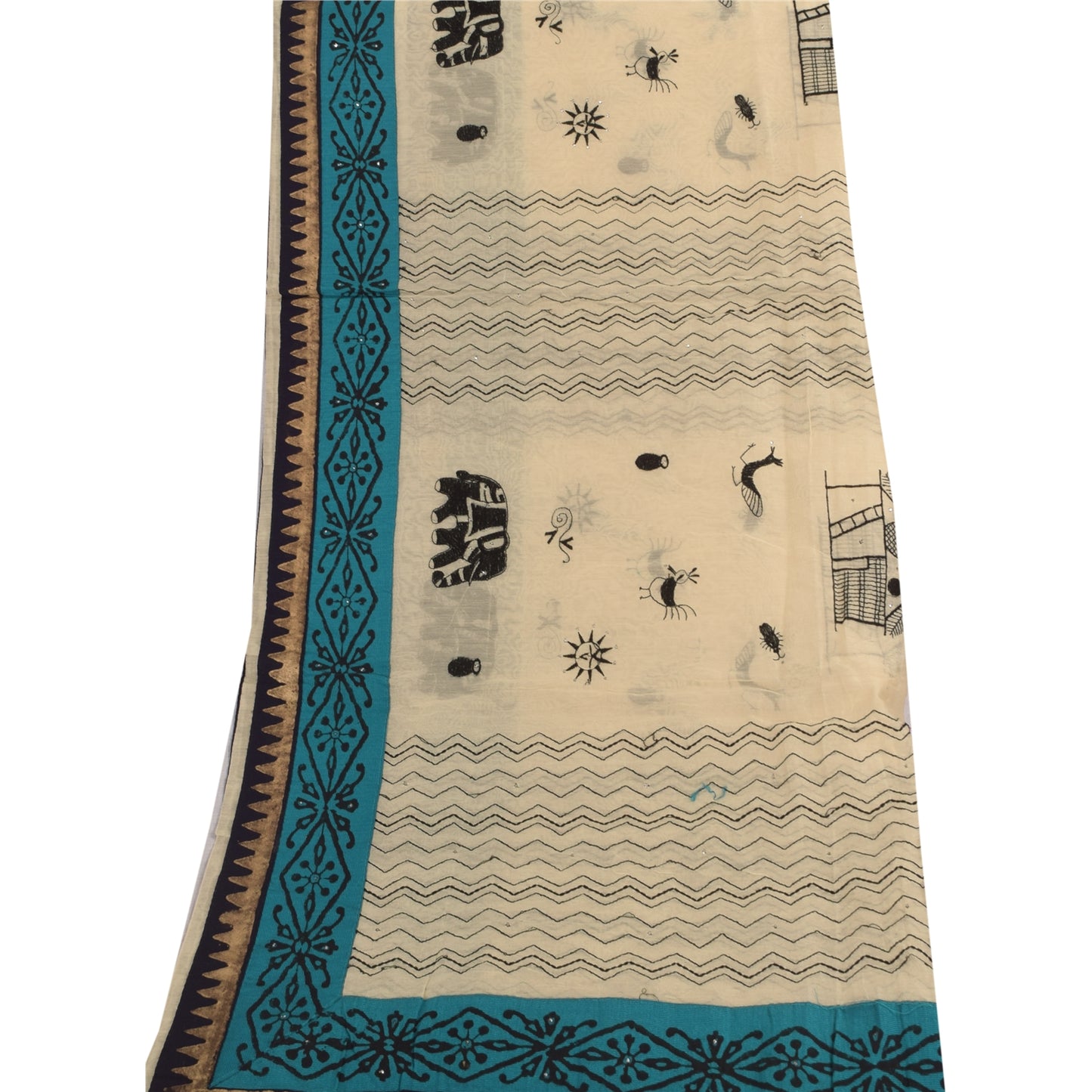 Sanskriti Vintage Ivory Dupatta Long Stole Pure Cotton Embroidered Wrap Scarves