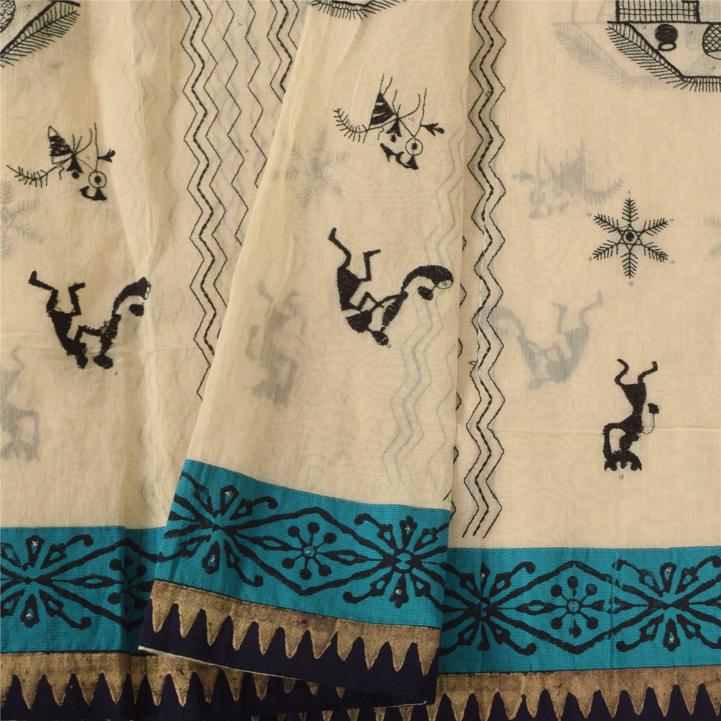 Sanskriti Vintage Ivory Dupatta Long Stole Pure Cotton Embroidered Wrap Scarves