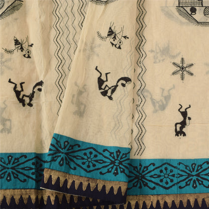 Sanskriti Vintage Ivory Dupatta Long Stole Pure Cotton Embroidered Wrap Scarves