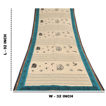 Sanskriti Vintage Ivory Dupatta Long Stole Pure Cotton Embroidered Wrap Scarves