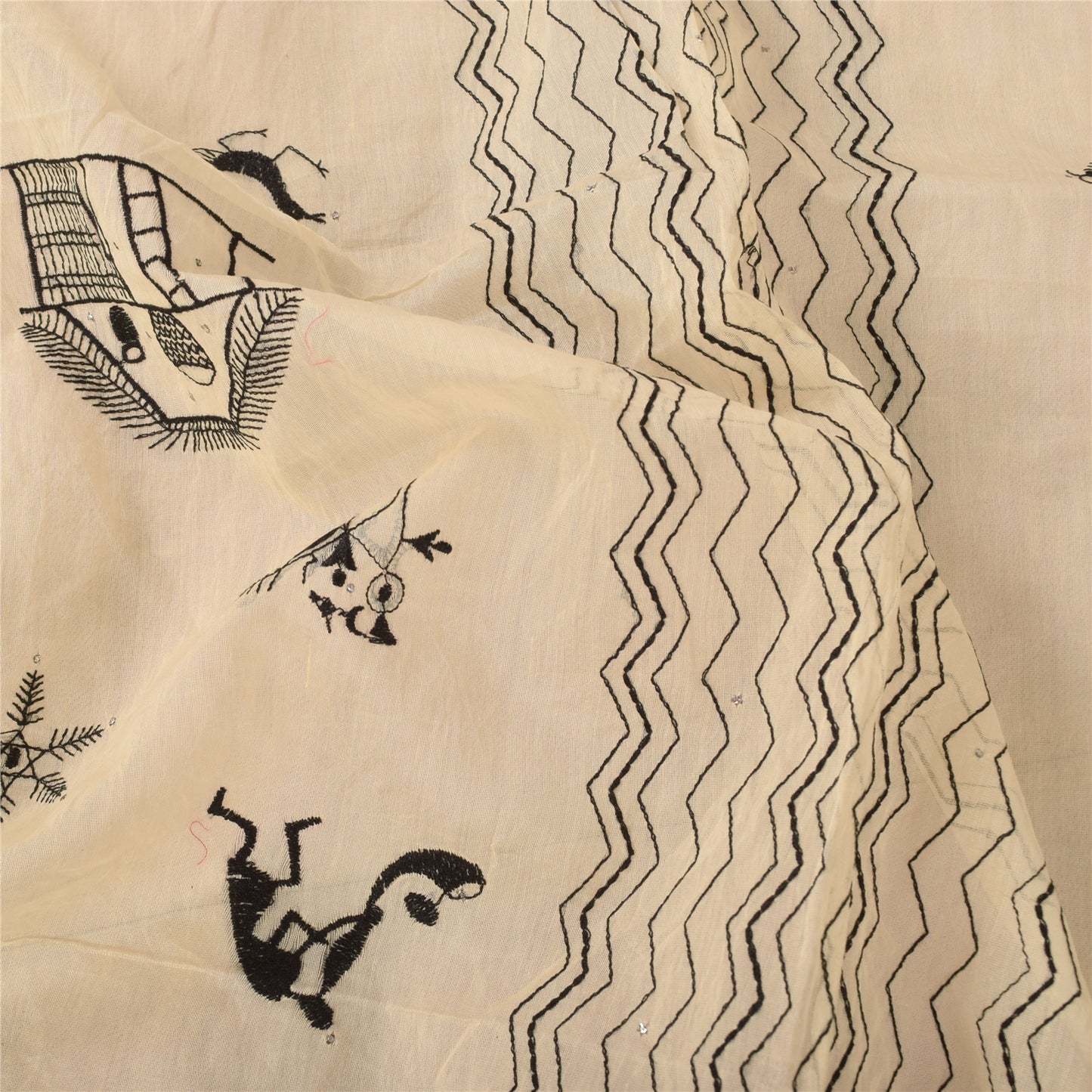 Sanskriti Vintage Ivory Dupatta Long Stole Pure Cotton Embroidered Wrap Scarves