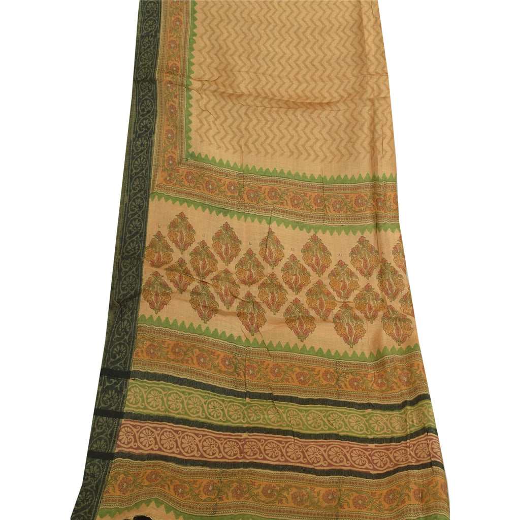 Sanskriti Vintage Beige Dupatta Long Stole Pure Silk Printed Woven Premium Veil