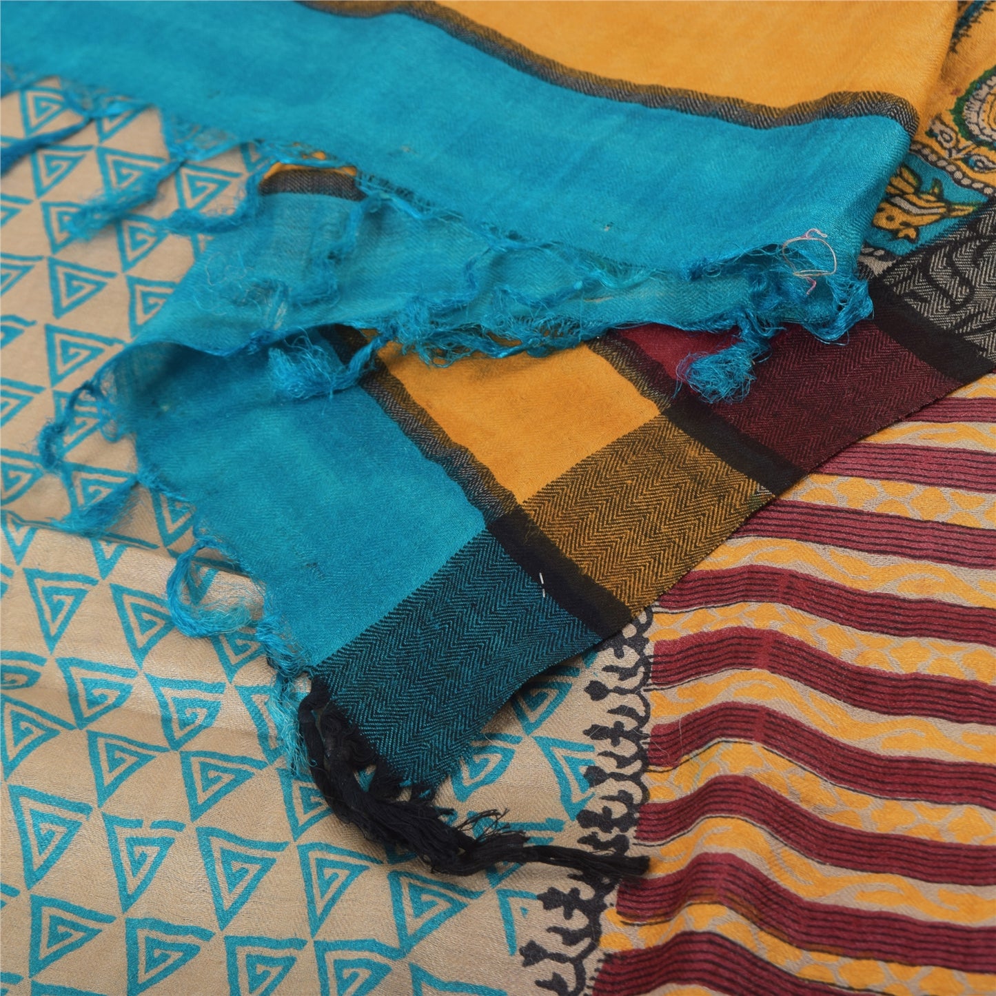 Sanskriti Vintage Cream/yellow Dupatta Long Stole Cotton Silk Printed Wrap Veil