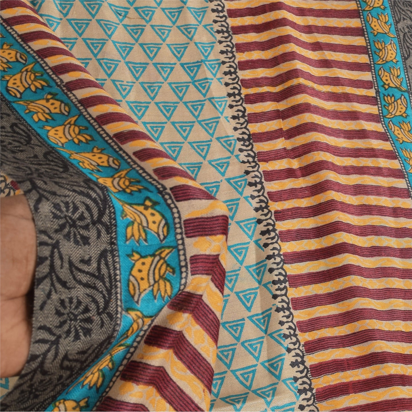 Sanskriti Vintage Cream/yellow Dupatta Long Stole Cotton Silk Printed Wrap Veil