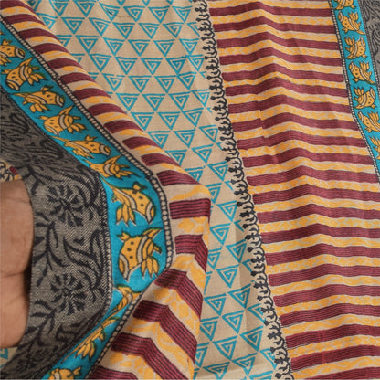 Sanskriti Vintage Cream/yellow Dupatta Long Stole Cotton Silk Printed Wrap Veil