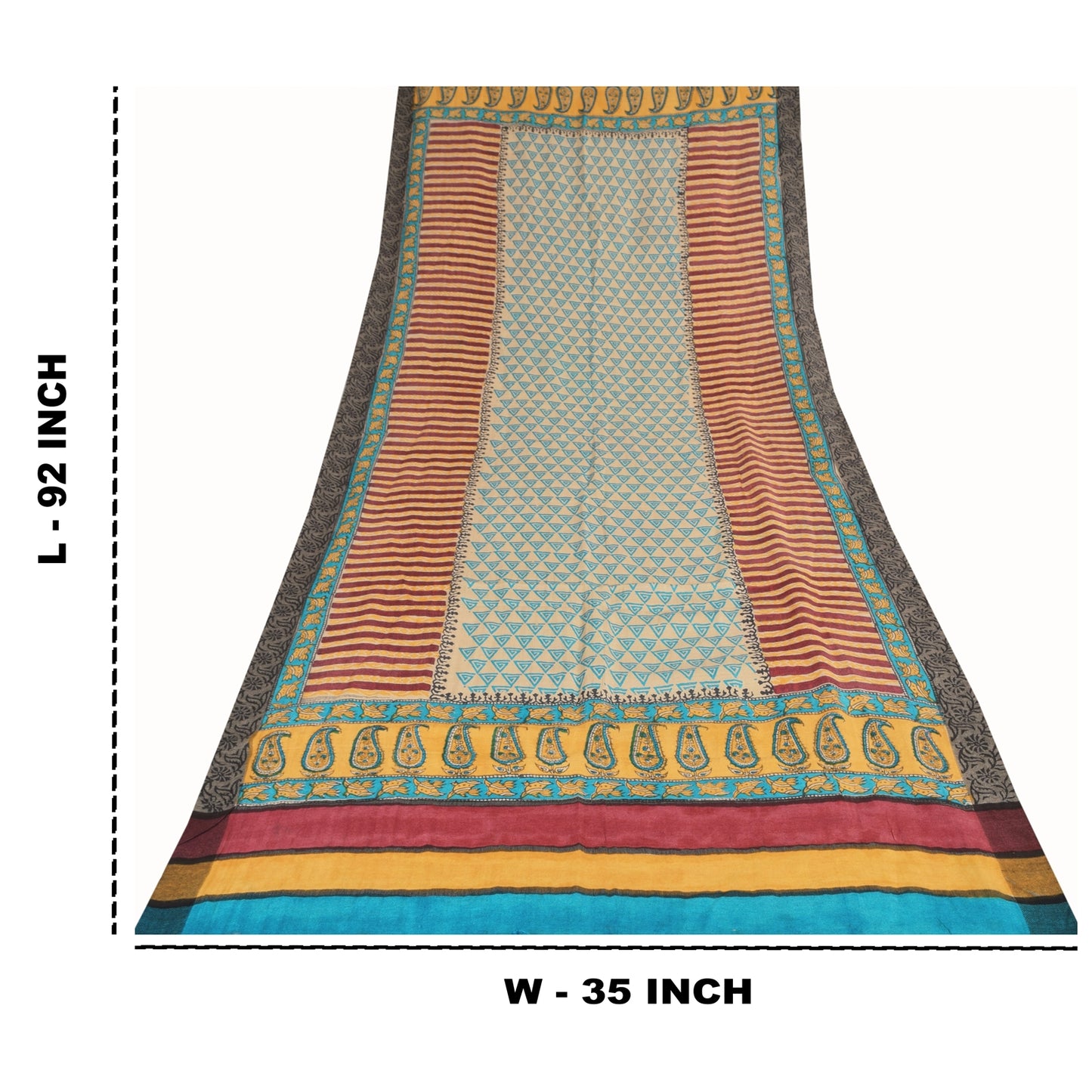 Sanskriti Vintage Cream/yellow Dupatta Long Stole Cotton Silk Printed Wrap Veil