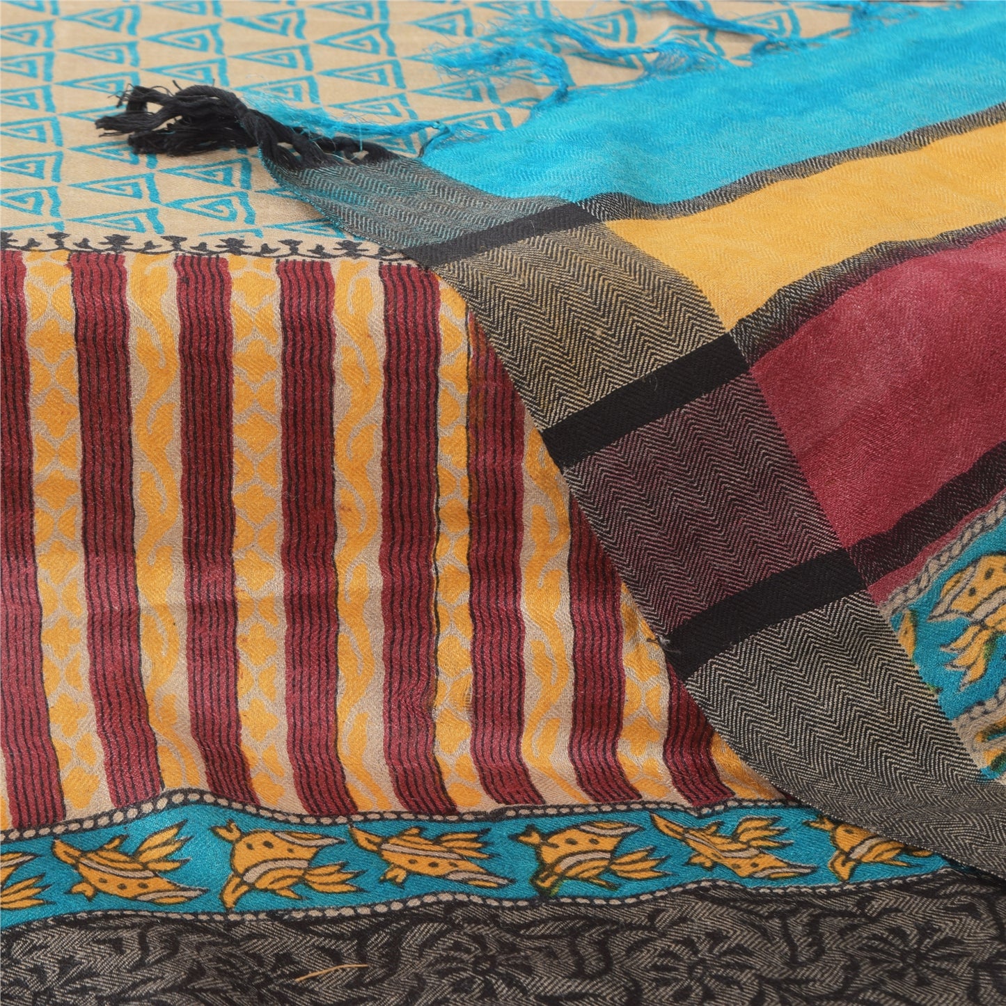 Sanskriti Vintage Cream/yellow Dupatta Long Stole Cotton Silk Printed Wrap Veil