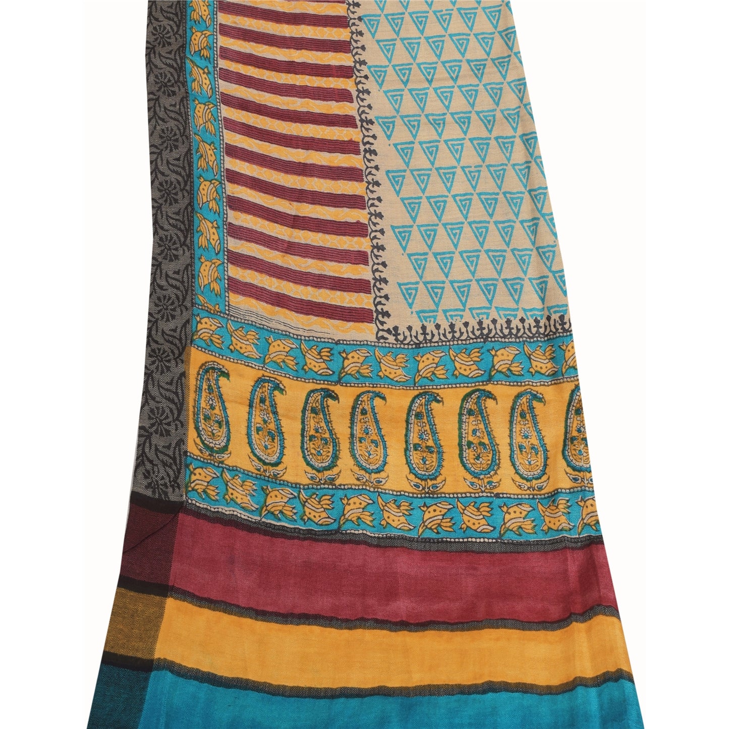 Sanskriti Vintage Cream/yellow Dupatta Long Stole Cotton Silk Printed Wrap Veil