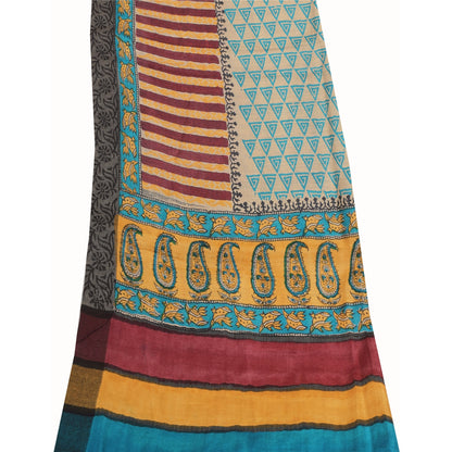 Sanskriti Vintage Cream/yellow Dupatta Long Stole Cotton Silk Printed Wrap Veil