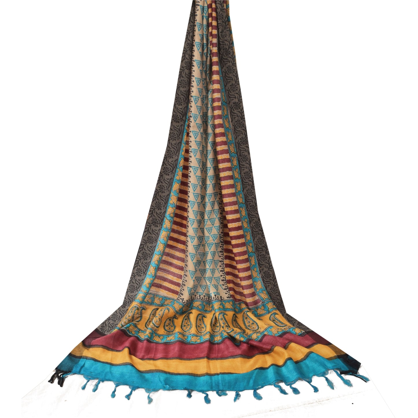 Sanskriti Vintage Cream/yellow Dupatta Long Stole Cotton Silk Printed Wrap Veil