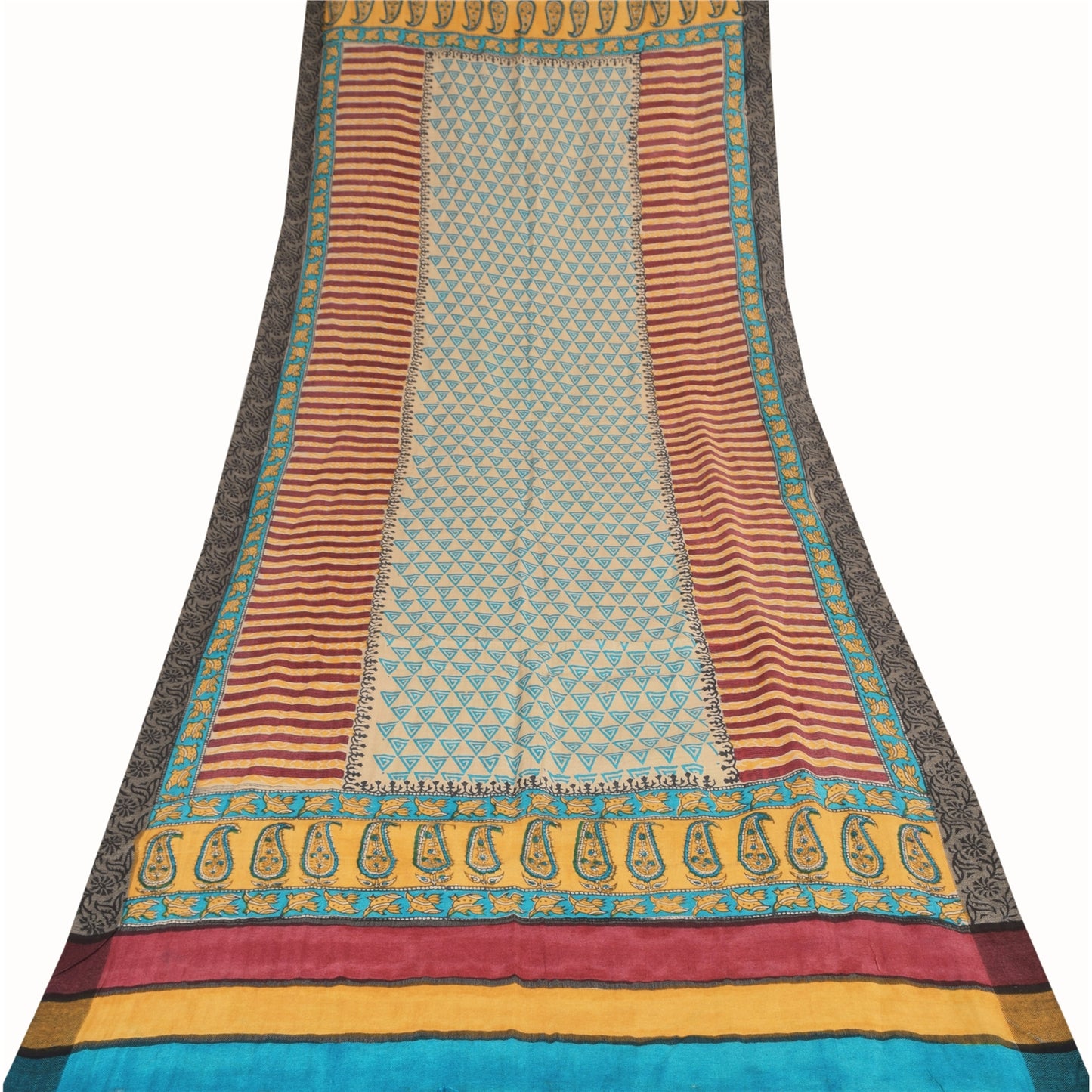 Sanskriti Vintage Cream/yellow Dupatta Long Stole Cotton Silk Printed Wrap Veil