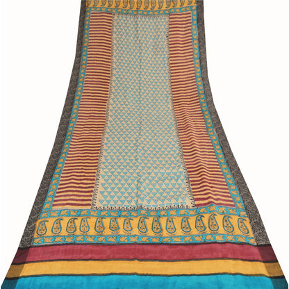 Sanskriti Vintage Cream/yellow Dupatta Long Stole Cotton Silk Printed Wrap Veil