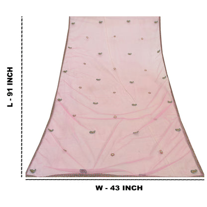 Sanskriti Vintage Long Dupatta/Stole Indian Pink Net Mesh Hand Beaded Scarf Veil