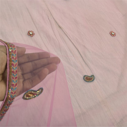 Sanskriti Vintage Long Dupatta/Stole Indian Pink Net Mesh Hand Beaded Scarf Veil