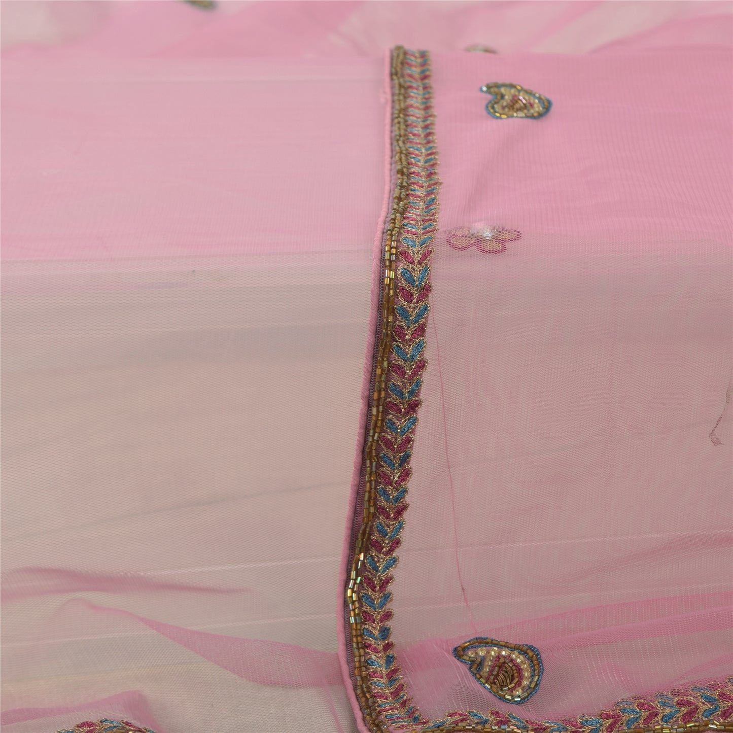 Sanskriti Vintage Long Dupatta/Stole Indian Pink Net Mesh Hand Beaded Scarf Veil