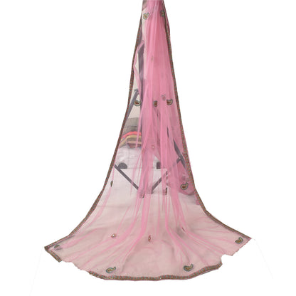 Sanskriti Vintage Long Dupatta/Stole Indian Pink Net Mesh Hand Beaded Scarf Veil