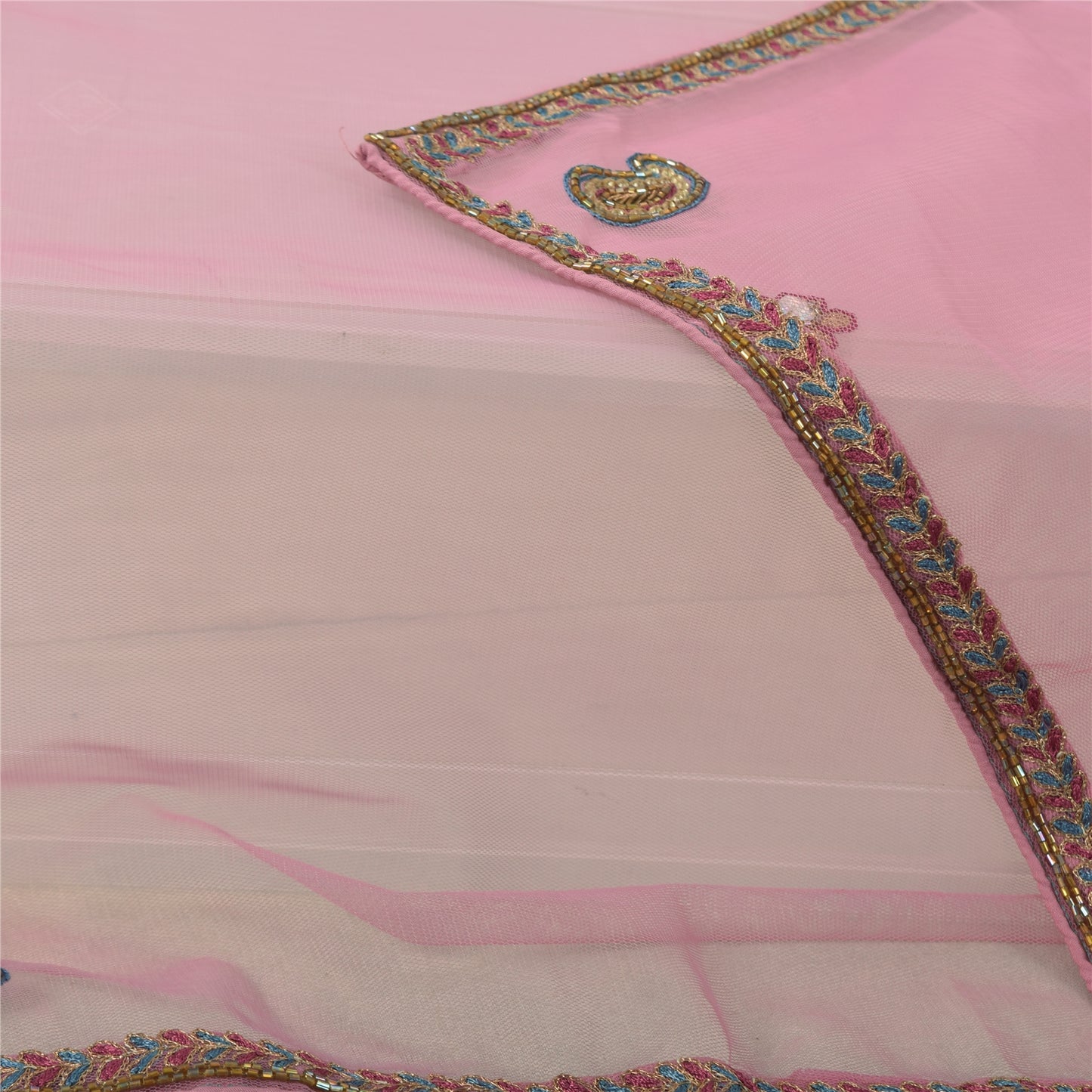 Sanskriti Vintage Long Dupatta/Stole Indian Pink Net Mesh Hand Beaded Scarf Veil