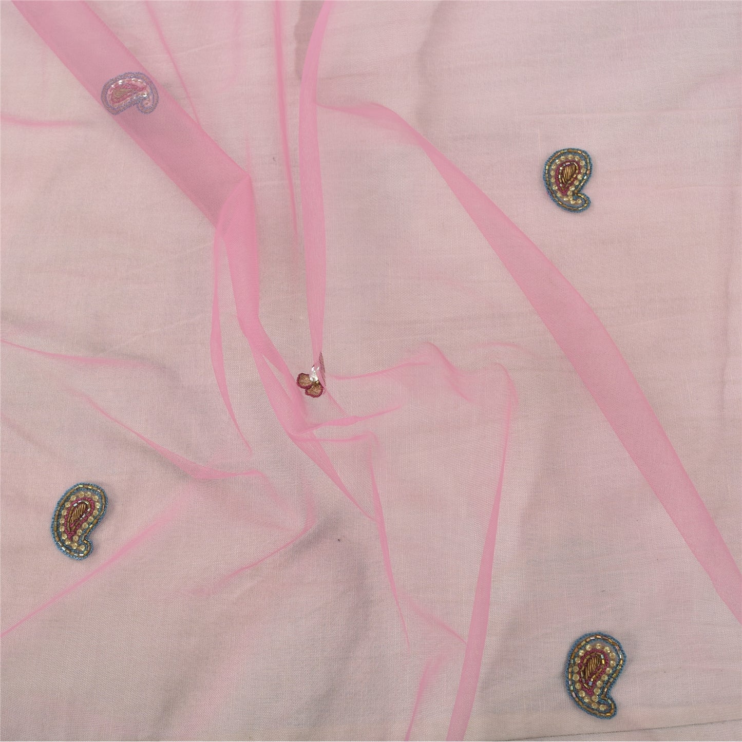 Sanskriti Vintage Long Dupatta/Stole Indian Pink Net Mesh Hand Beaded Scarf Veil