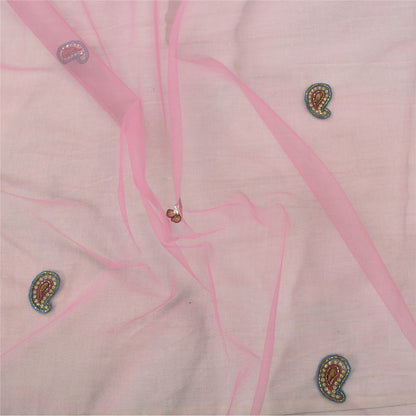 Sanskriti Vintage Long Dupatta/Stole Indian Pink Net Mesh Hand Beaded Scarf Veil