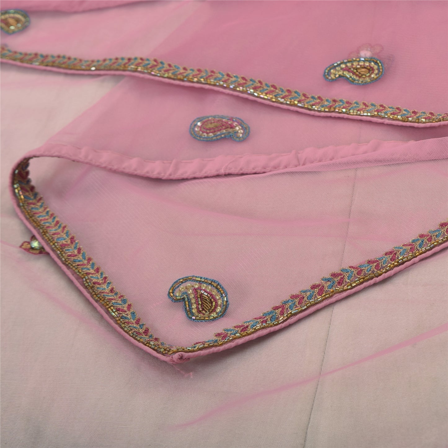Sanskriti Vintage Long Dupatta/Stole Indian Pink Net Mesh Hand Beaded Scarf Veil
