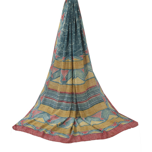 Sanskriti Vintage Long Dupatta/Stole Multicolor Pure Crepe Silk Print Scarf Veil