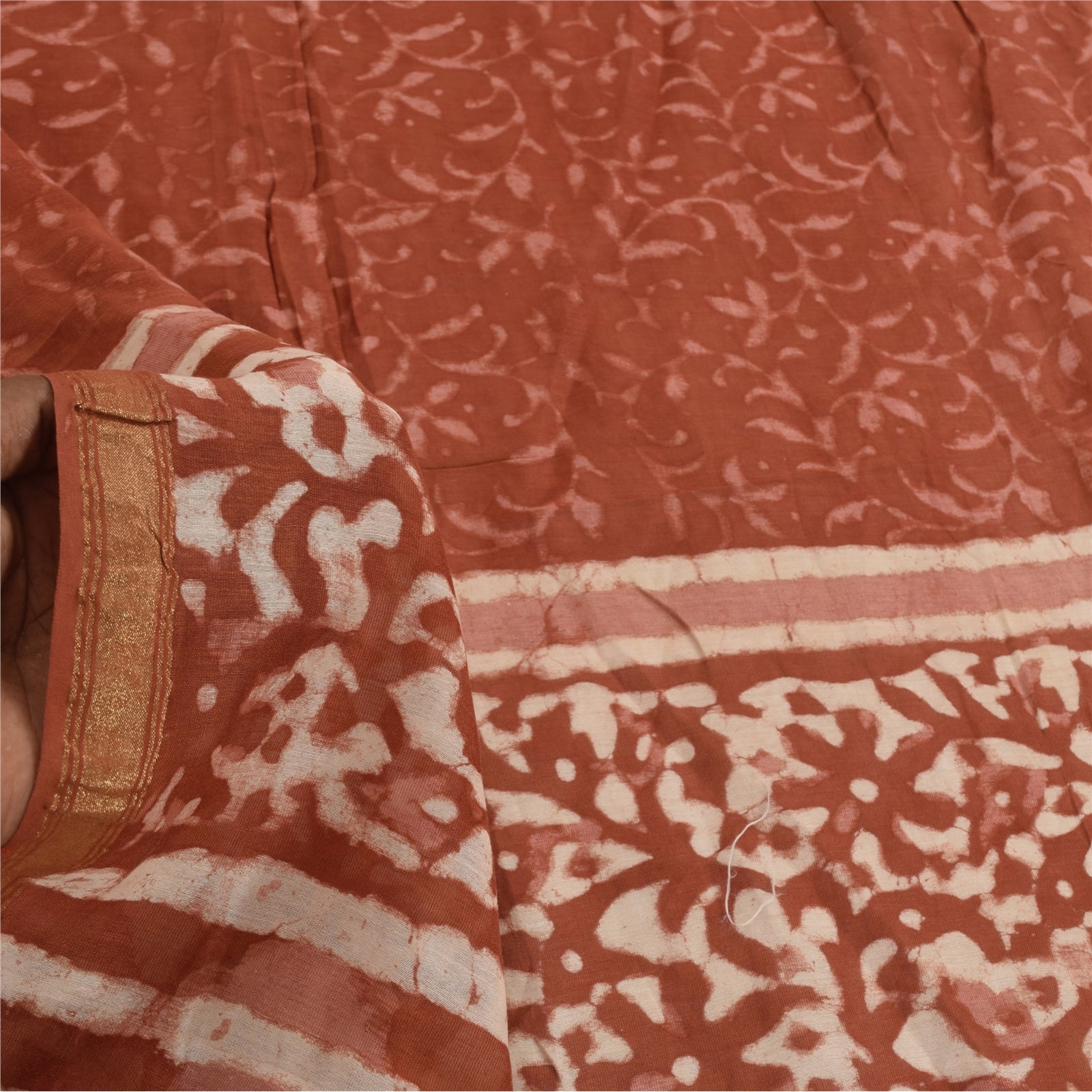 Sanskriti Vintage Long Dupatta/Stole Cotton Silk Orange Bagru Hand Block Pirnted