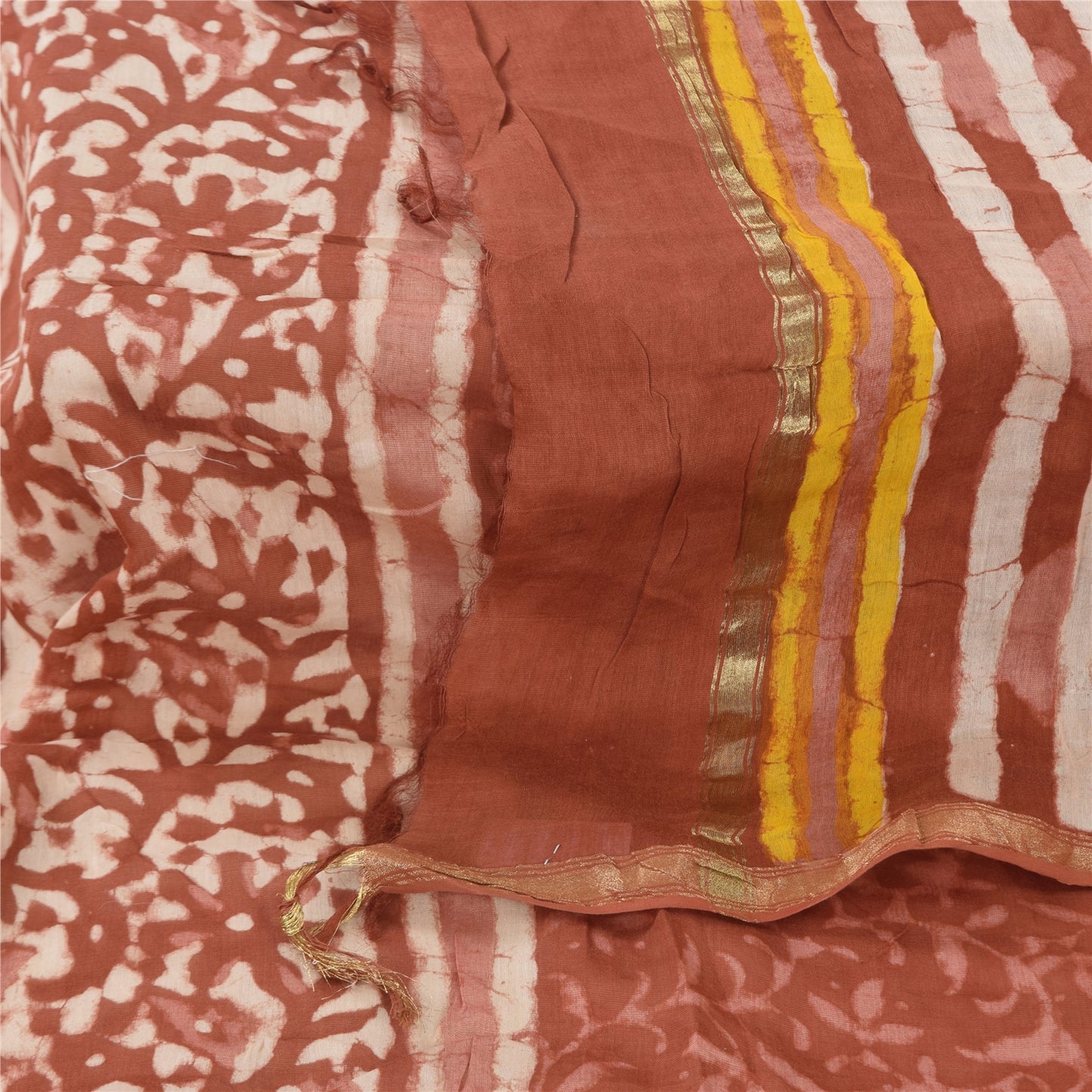 Sanskriti Vintage Long Dupatta/Stole Cotton Silk Orange Bagru Hand Block Pirnted