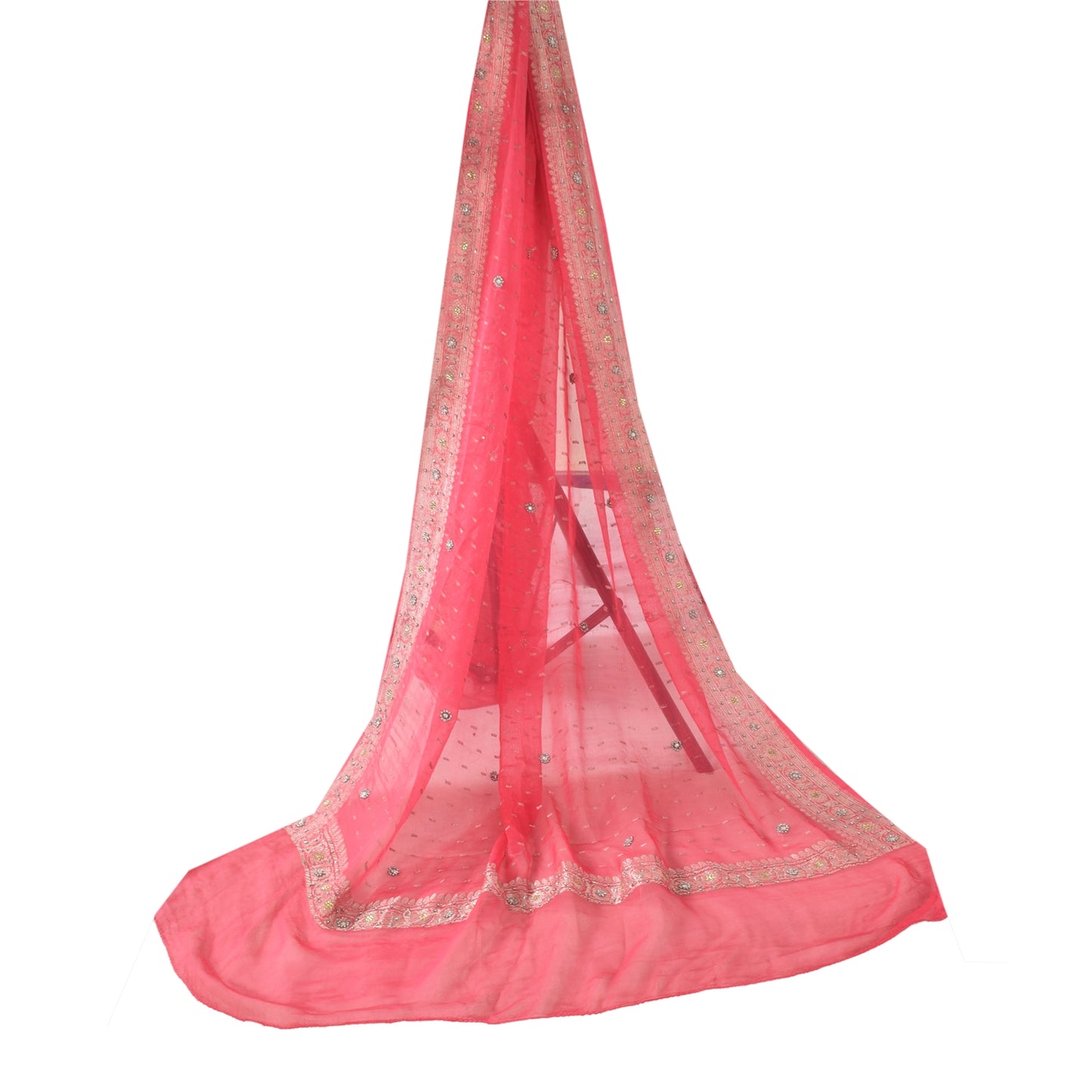 Sanskriti Vintage Long Dupatta/Stole Pure Georgette Pink Hand Beaded Woven Veil
