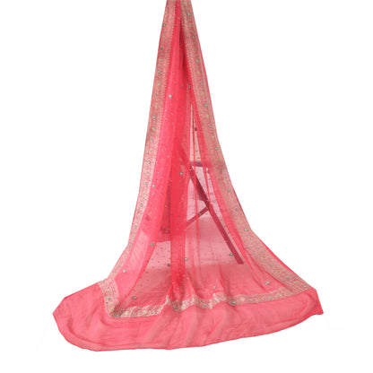 Sanskriti Vintage Long Dupatta/Stole Pure Georgette Pink Hand Beaded Woven Veil