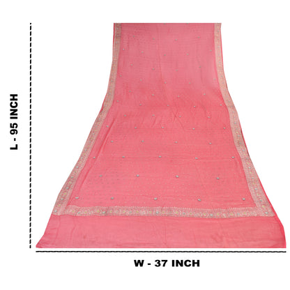 Sanskriti Vintage Long Dupatta/Stole Pure Georgette Pink Hand Beaded Woven Veil