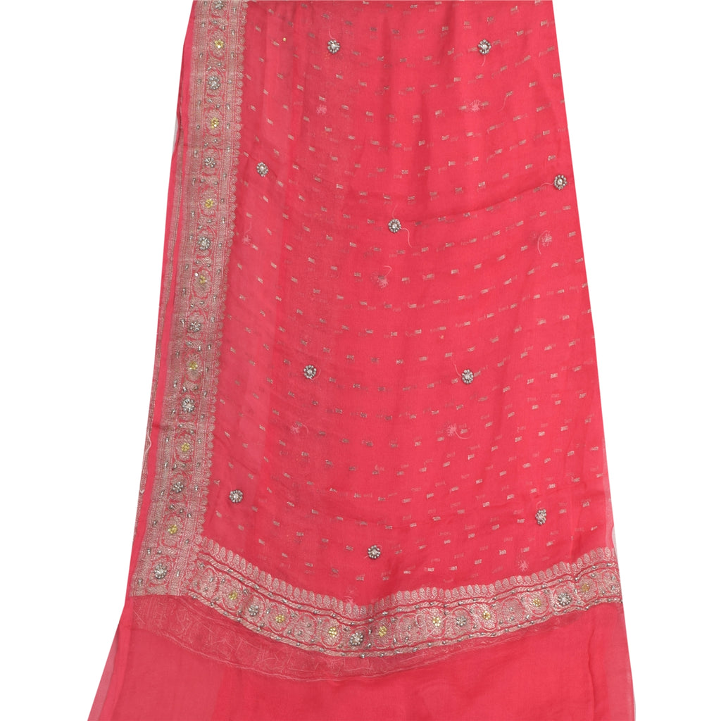 Sanskriti Vintage Long Dupatta/Stole Pure Georgette Pink Hand Beaded Woven Veil