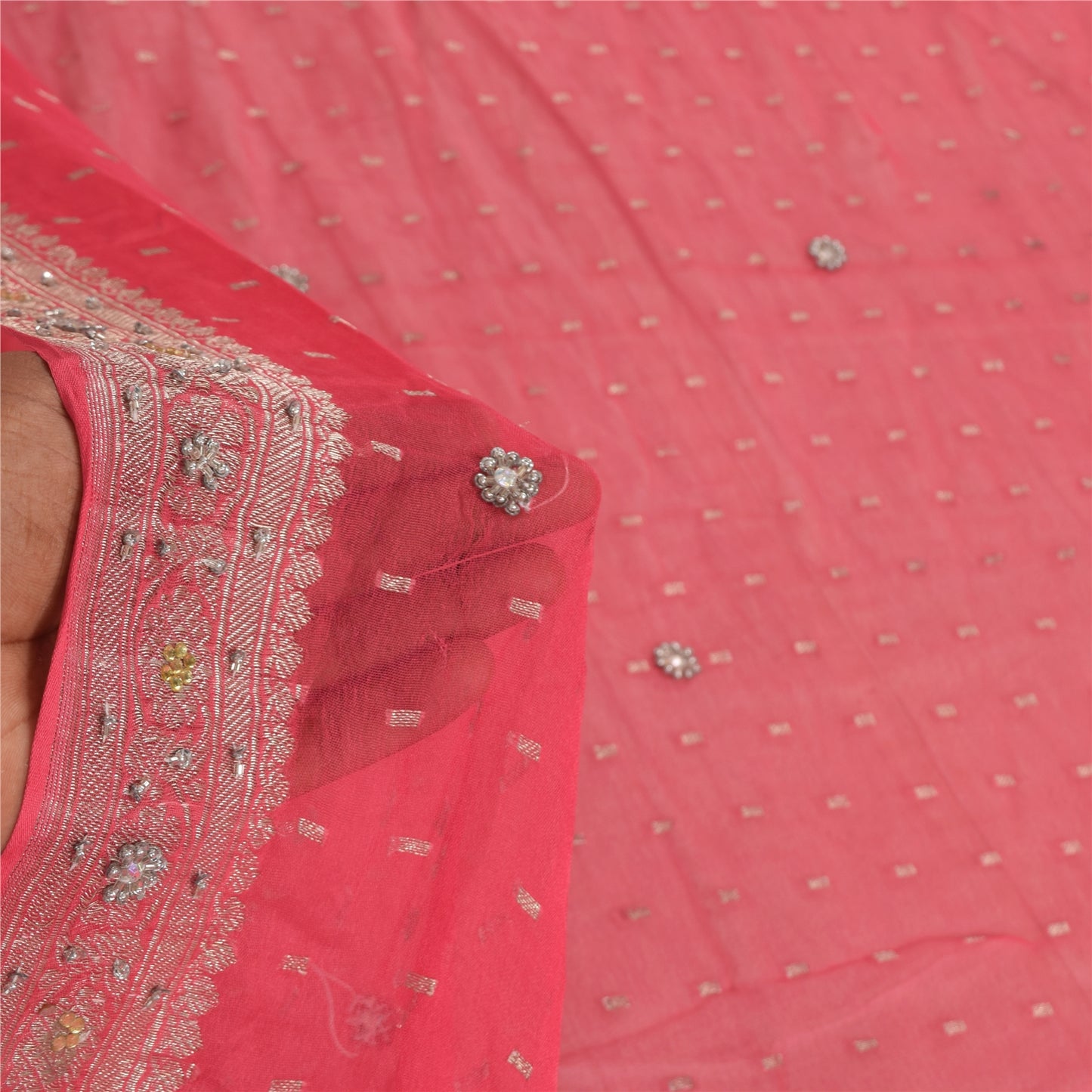 Sanskriti Vintage Long Dupatta/Stole Pure Georgette Pink Hand Beaded Woven Veil